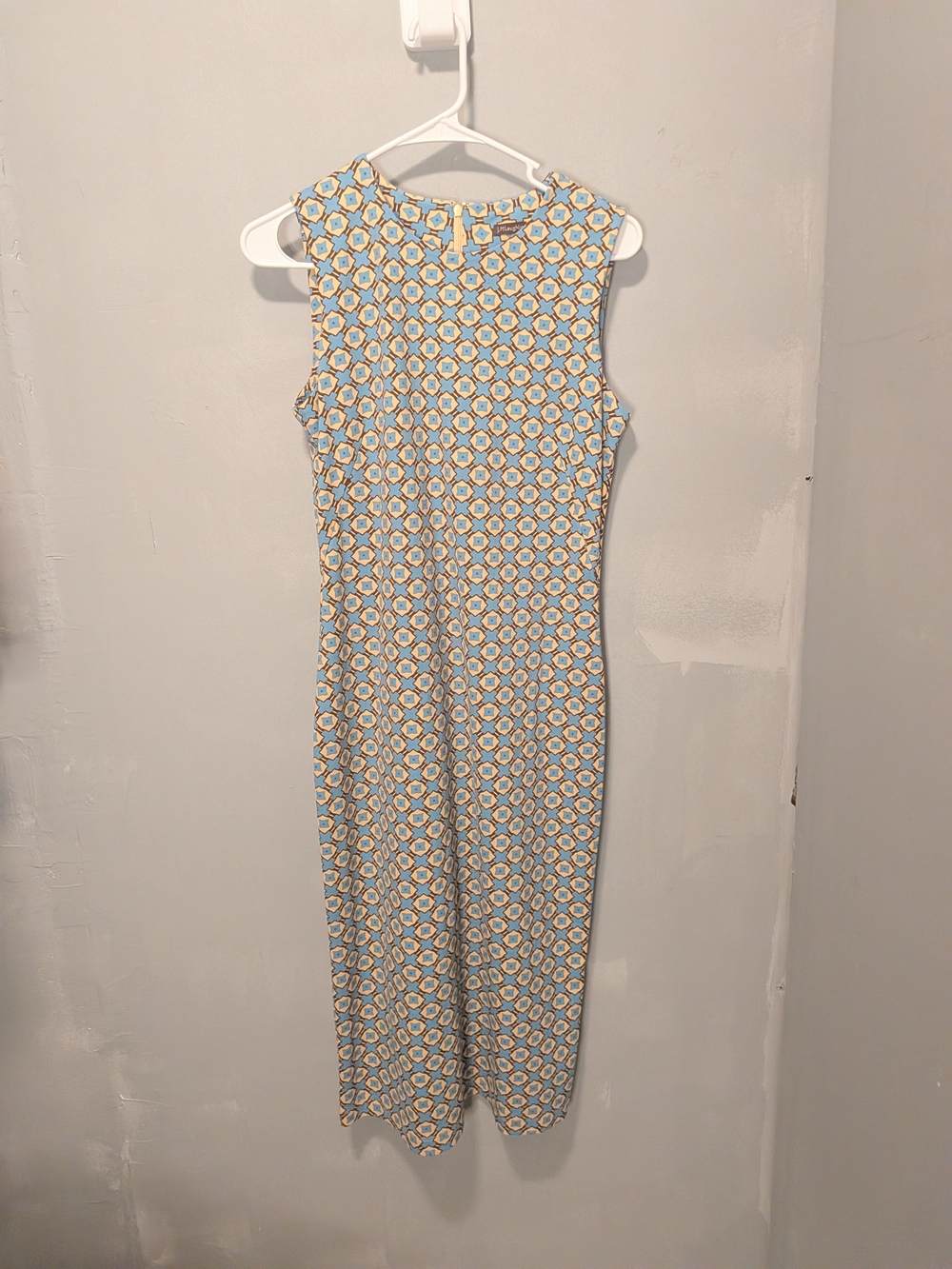 Sleeveless Midi Dress in Tan & Teal Geometric Print